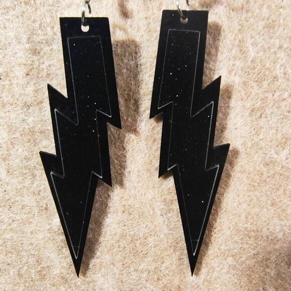 Fashion Jewelry Black Lightning Bolt Dangle Earrings - Picture 2 of 3